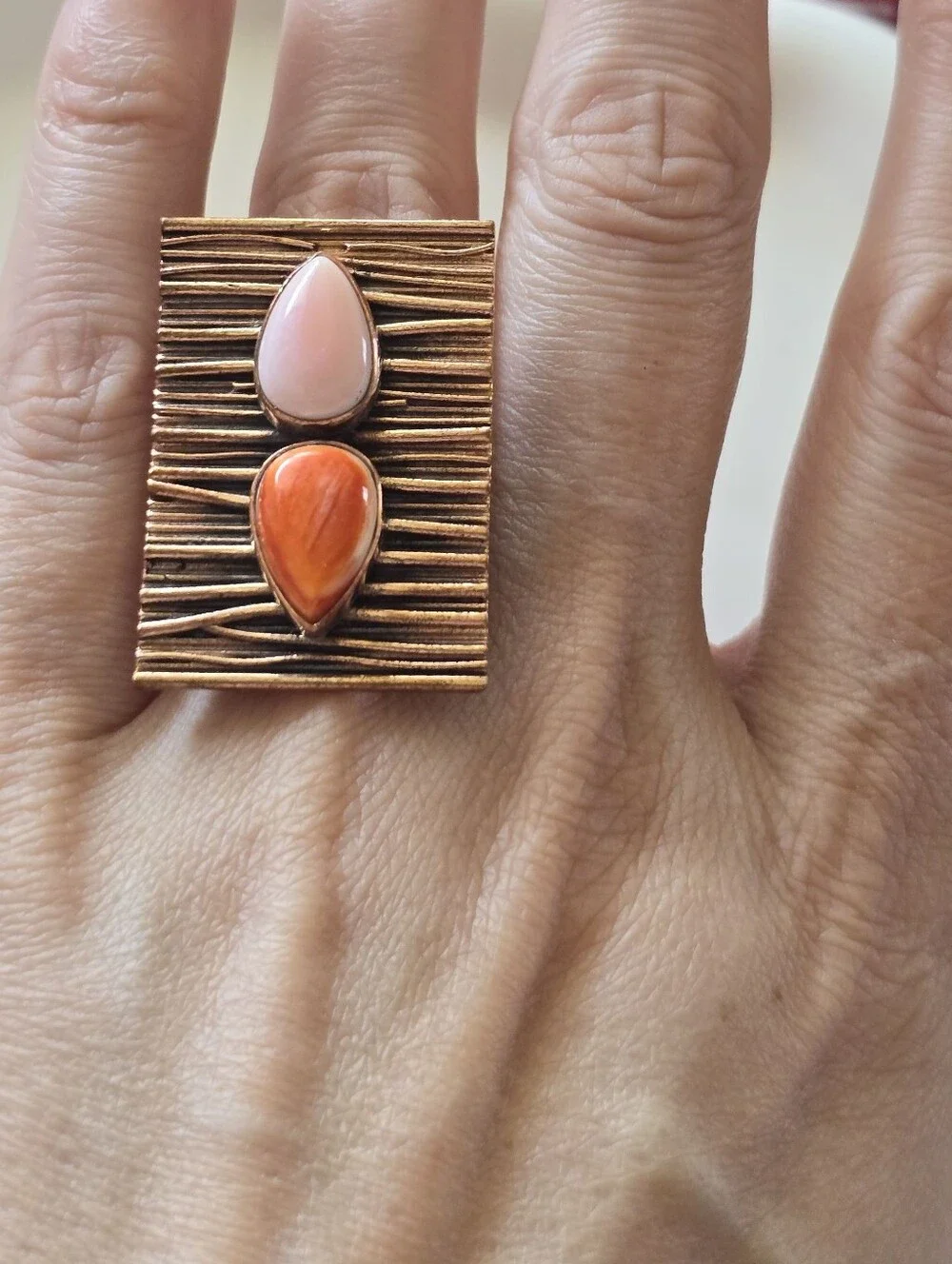 Textured Copper Ring With Pink Conch, Southwestern